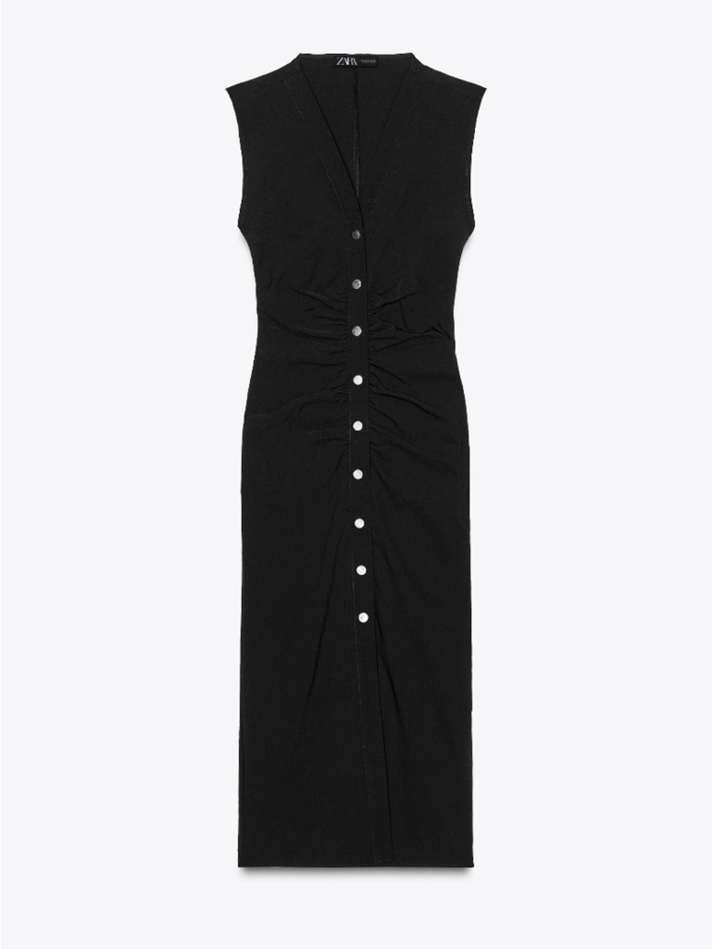 Zara Black Button Sleeveless Ruched Button Midi Dress
